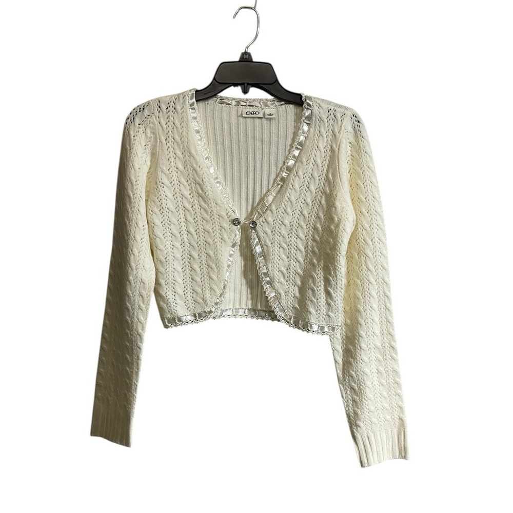 Cato Cardigan Sweater Sz Small Ivory Cable Knit Crop Cable Knit Ribbon Trim